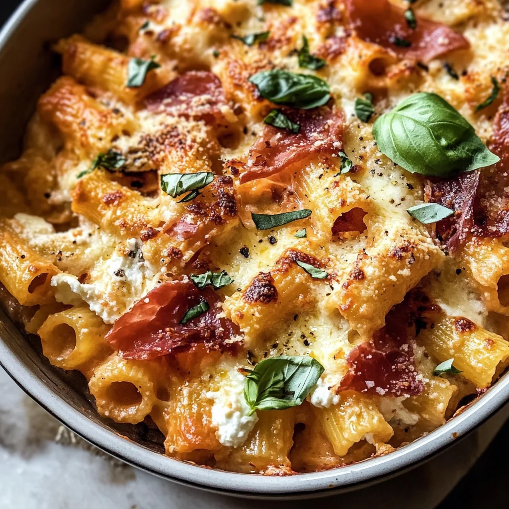 Hearty Ricotta Pasta Bake with Creamy Roasted Tomatoes and Prosciutto