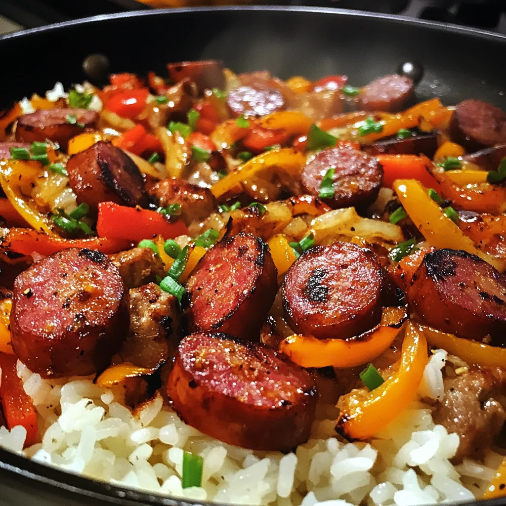 One-Skillet Onion and Pepper Kielbasa with Rice