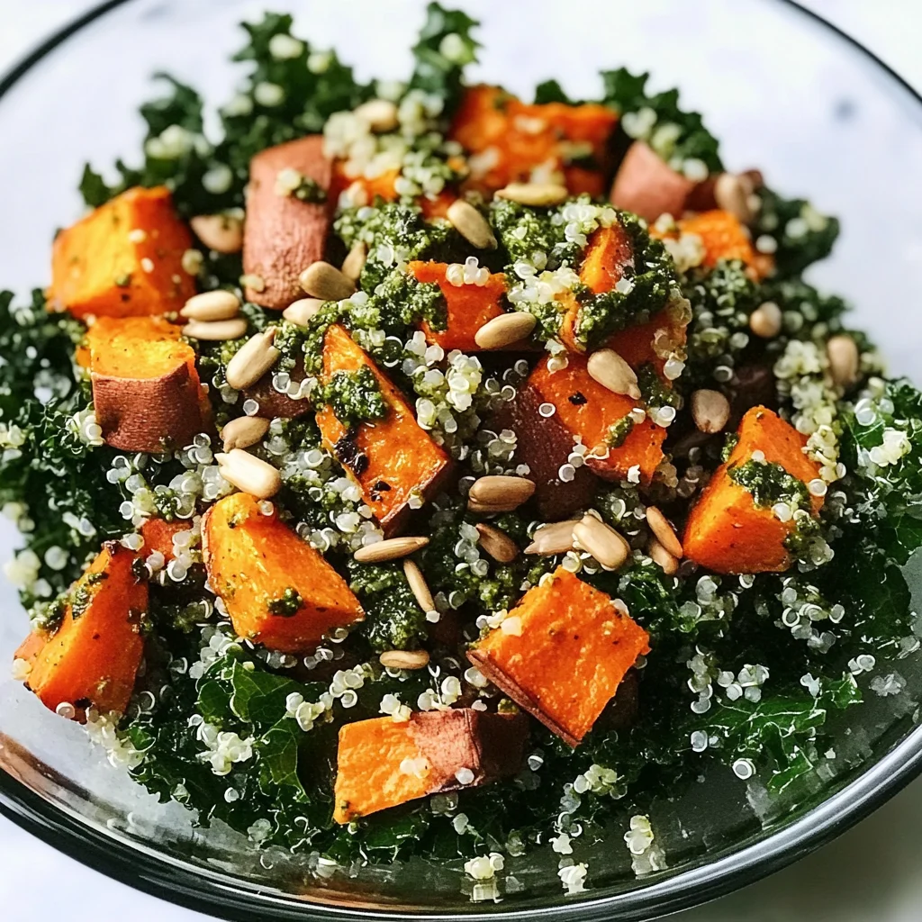 Roasted Sweet Potato Kale and Quinoa Salad with Pesto Vinaigrette