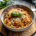 Ground Beef Orzo with Tomato Cream Sauce and Fresh Basil