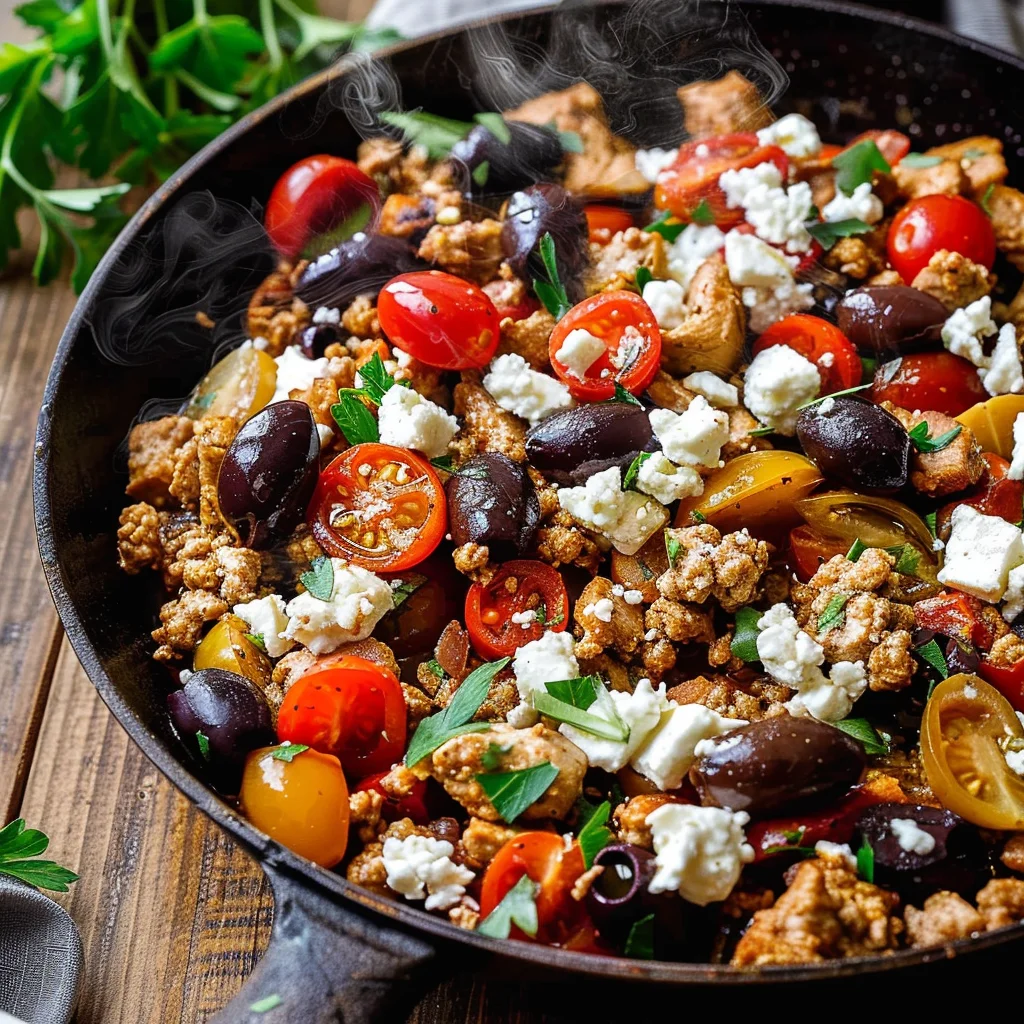 Mediterranean Keto Ground Chicken Skillet with Olives and Feta