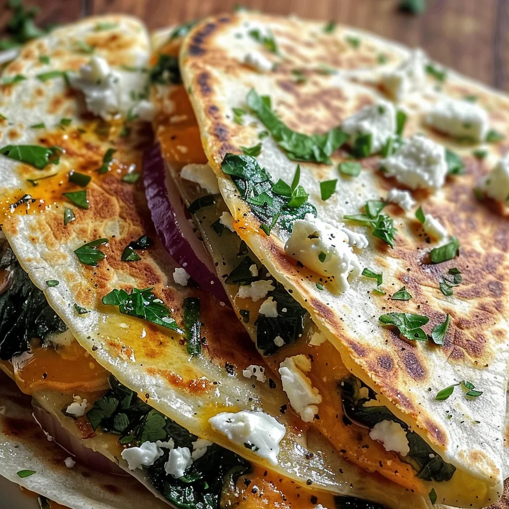 Mediterranean Quesadillas with Spinach Feta Mozzarella and Red Onion
