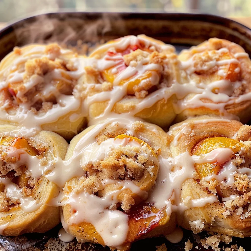 Peach Cobbler Cinnamon Rolls with Crumb Topping