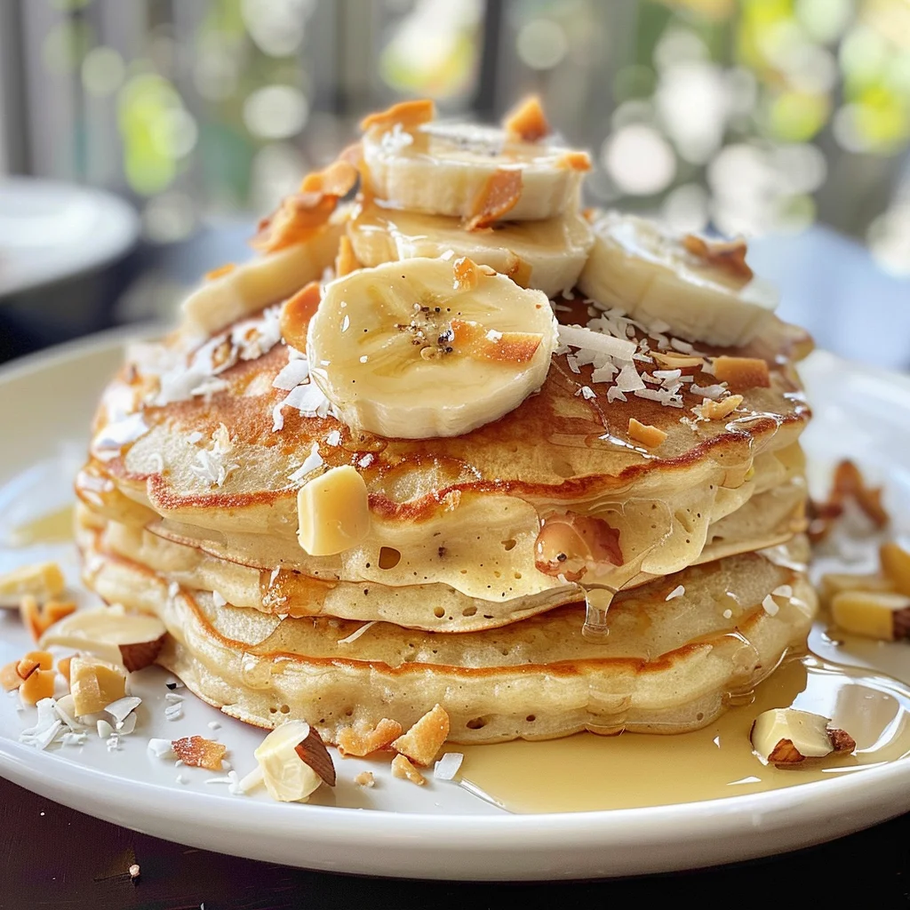 Toasted Coconut Macadamia Pancakes with Coconut Syrup