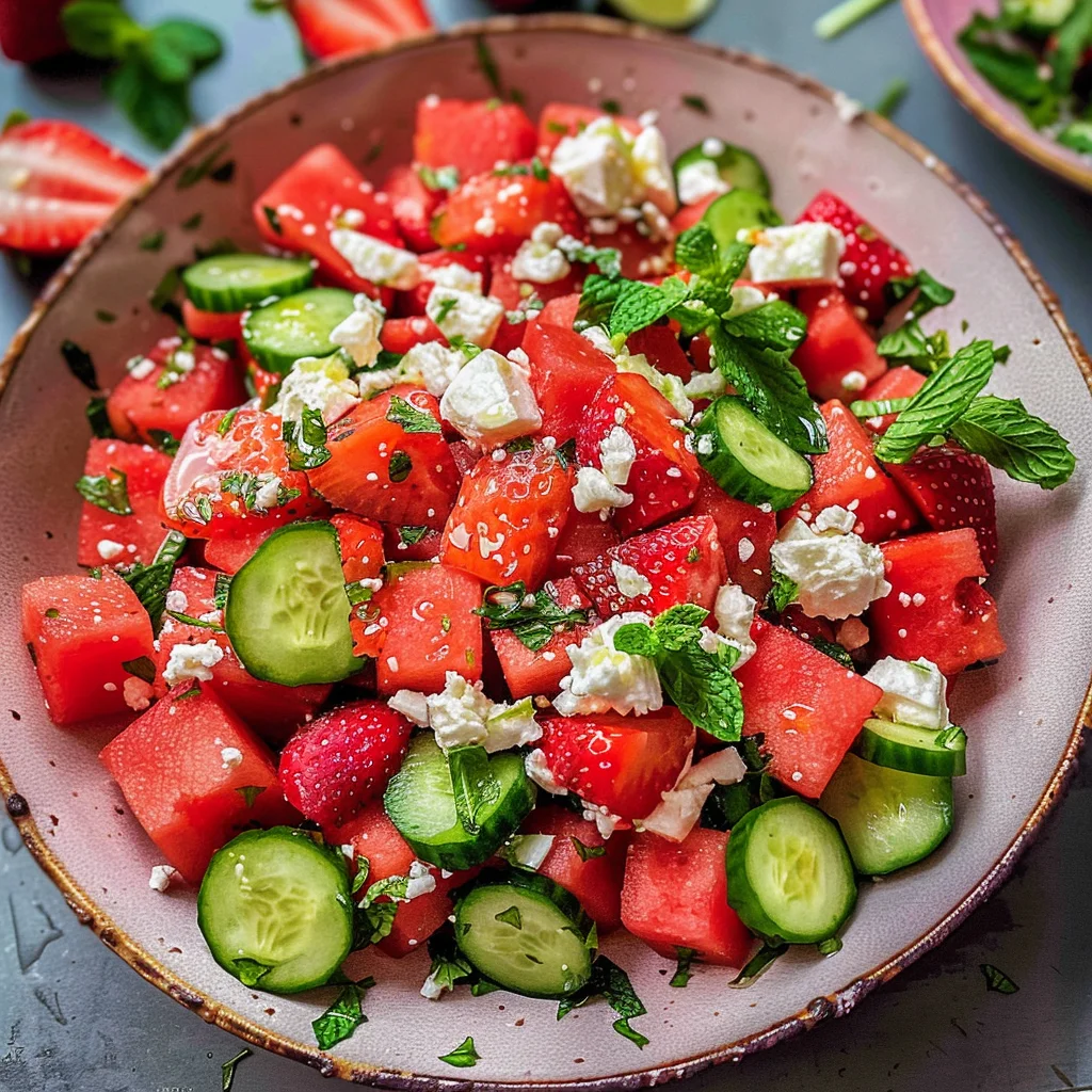 Watermelon Cucumber Salad with Strawberries and Feta
