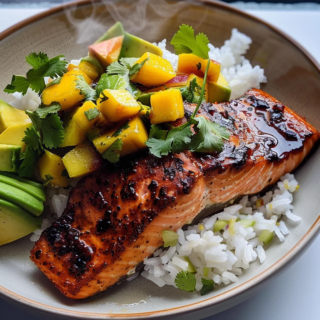 BBQ Salmon Bowls with Mango Avocado Salsa