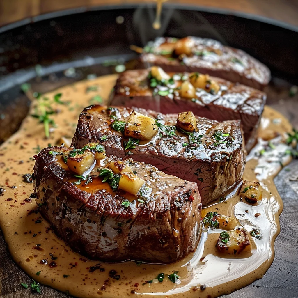 Cast Iron Bavette Steak with Whiskey Garlic Cream Sauce