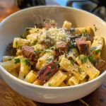 Garlic Butter Steak Tips with Cheesy Rigatoni