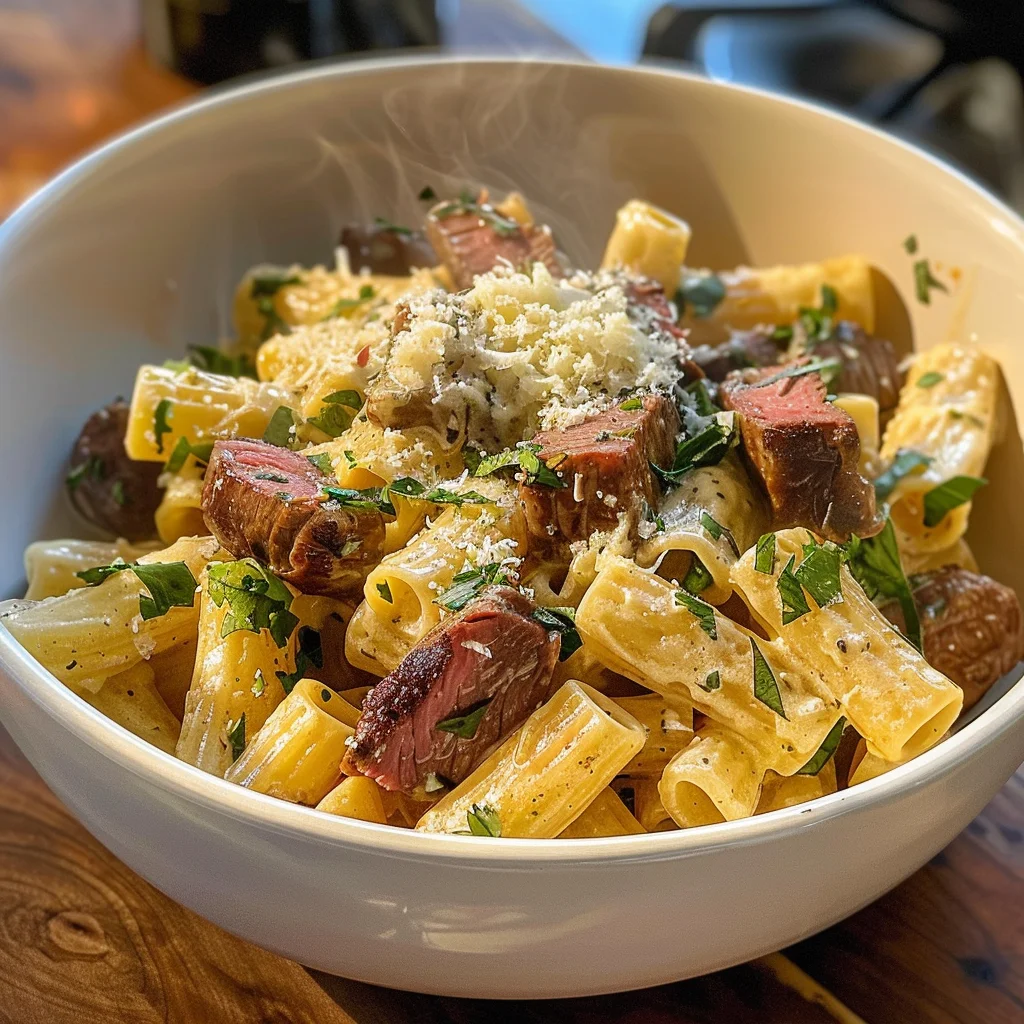 Garlic Butter Steak Tips with Cheesy Rigatoni