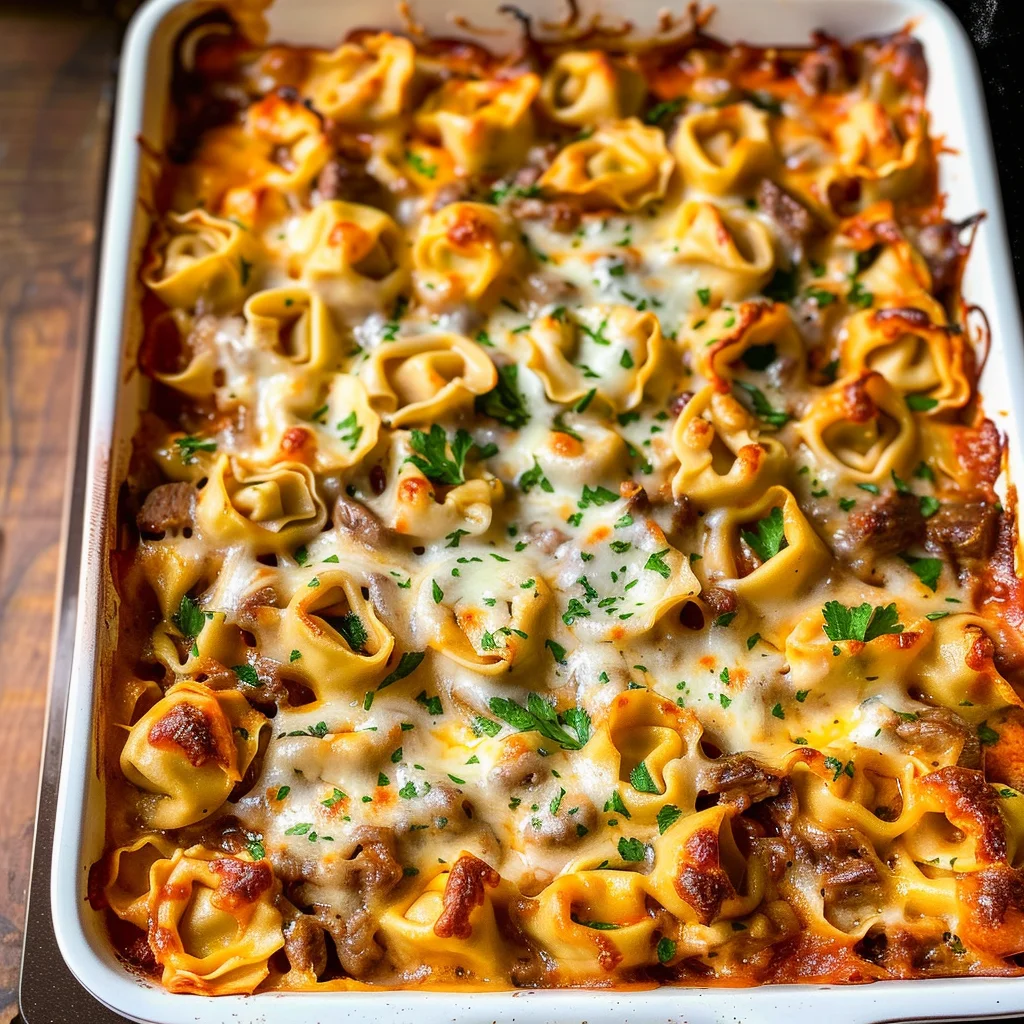 Golden Cheese Steak Tortellini Casserole