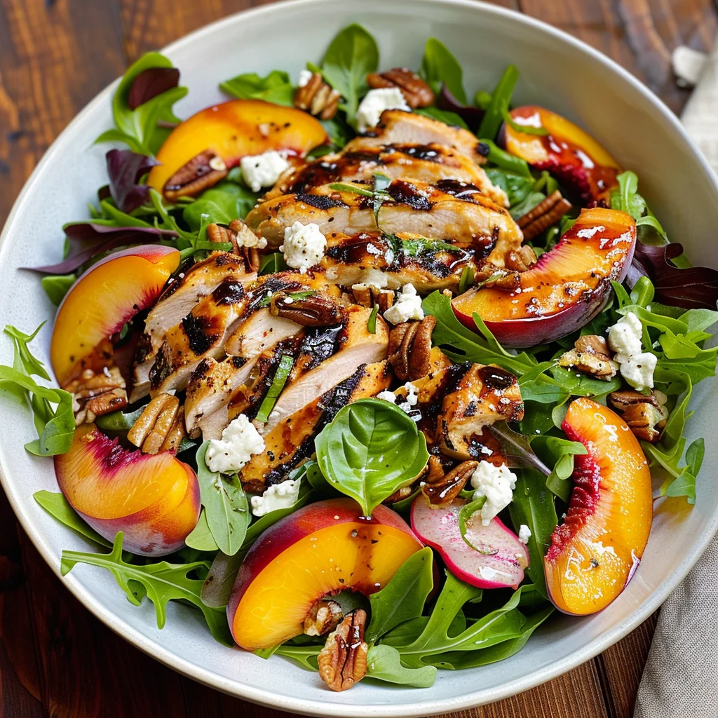 Grilled Chicken, Peach, Pecan and Goat Cheese Salad with Basil Vinaigrette
