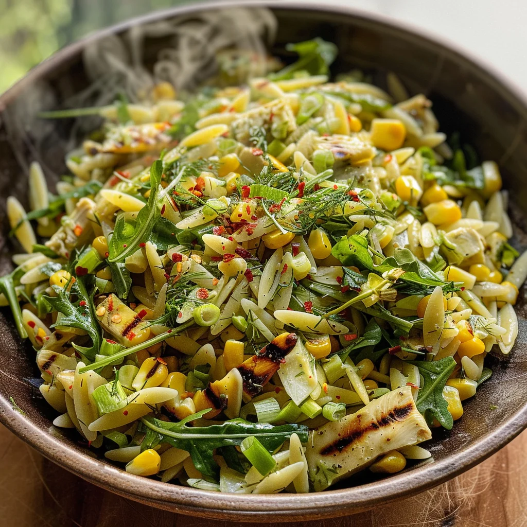 Grilled Corn Orzo Salad with Scallion Dill Dressing