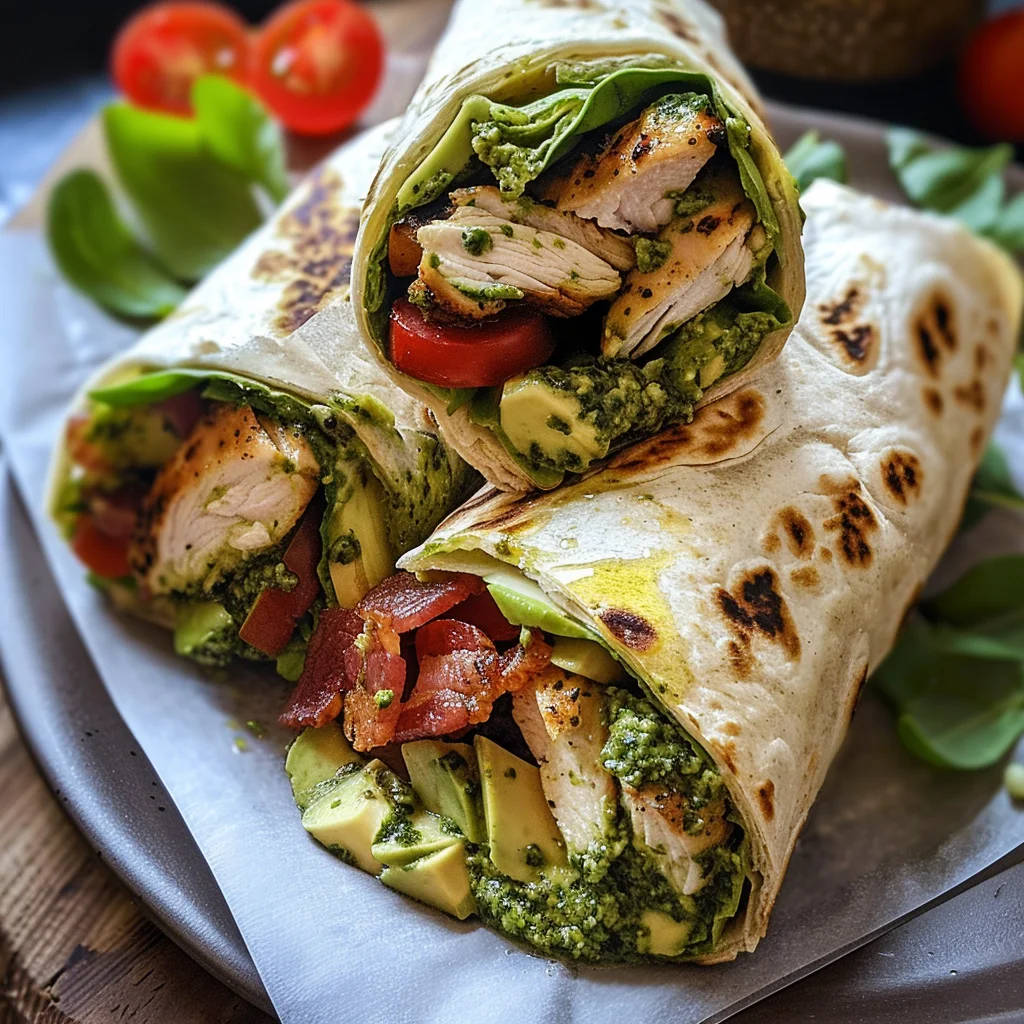 Pesto Chicken and Avocado Bacon Salad Wraps