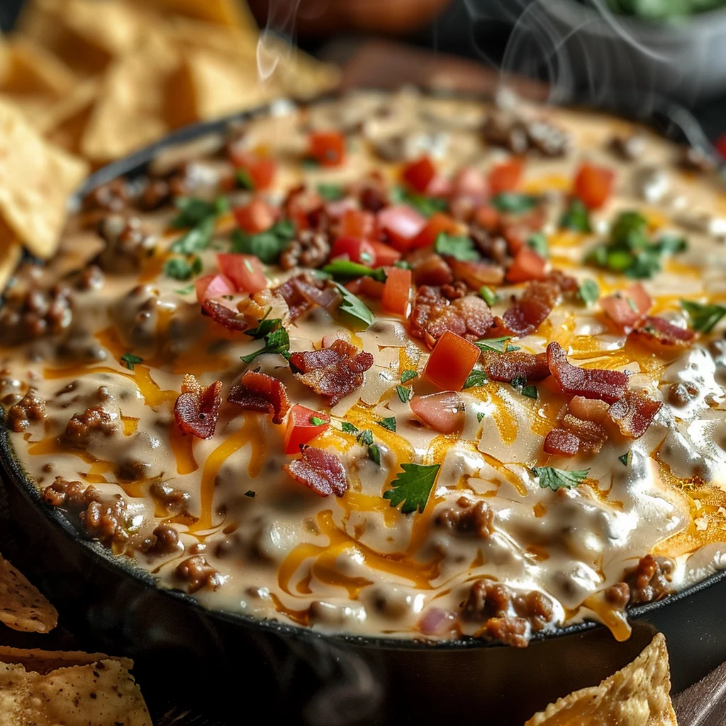 Sizzling Bacon Cheeseburger Queso Dip