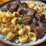 Steak Bites and Shell Pasta in Garlic Butter Alfredo Sauce