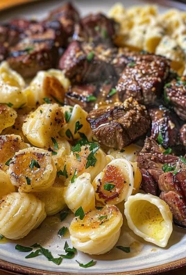 Steak Bites and Shell Pasta in Garlic Butter Alfredo Sauce