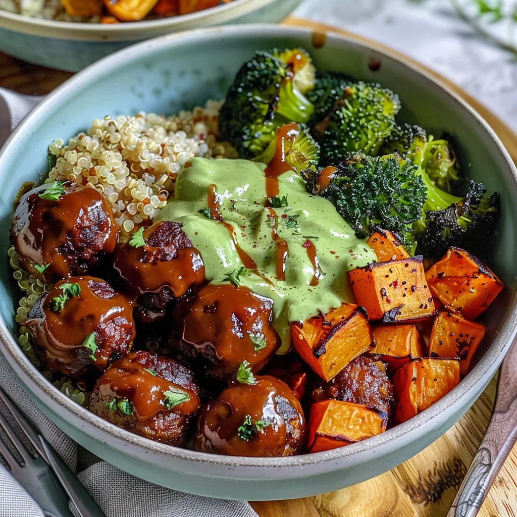 Barbecue Meatball Bowls with Avocado Goddess Sauce