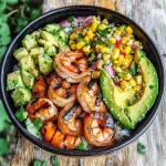 Grilled Shrimp Bowl with Avocado, Corn Salsa & Creamy Garlic Sauce
