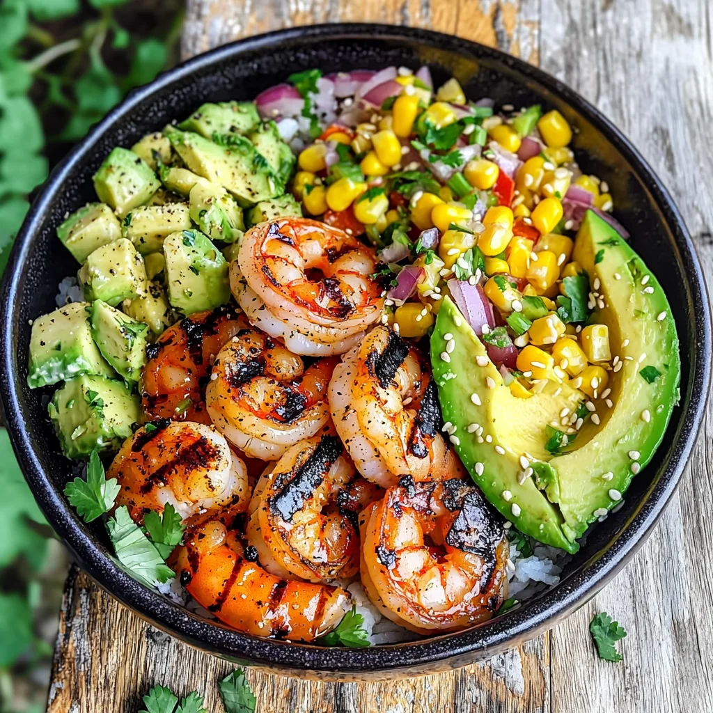 Grilled Shrimp Bowl with Avocado, Corn Salsa & Creamy Garlic Sauce