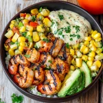 Grilled Shrimp Bowl with Avocado, Corn Salsa & Creamy Sauce