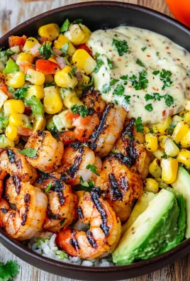 Grilled Shrimp Bowl with Avocado, Corn Salsa & Creamy Sauce