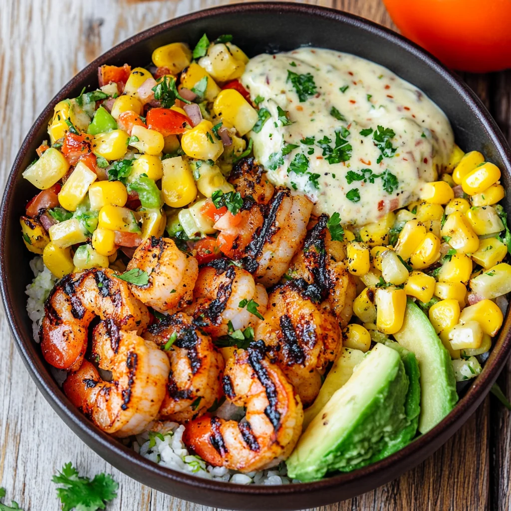 Grilled Shrimp Bowl with Avocado, Corn Salsa & Creamy Sauce